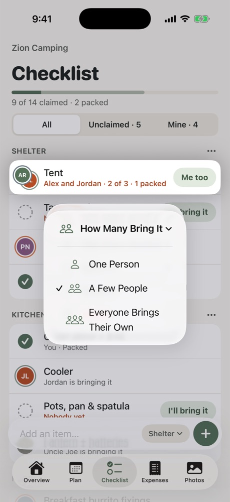 The How Many Bring It menu: One Person, A Few People, Everyone Brings Their Own