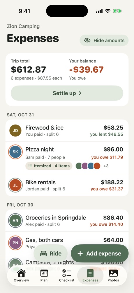 The Expenses tab with the trip total, your balance and each expense