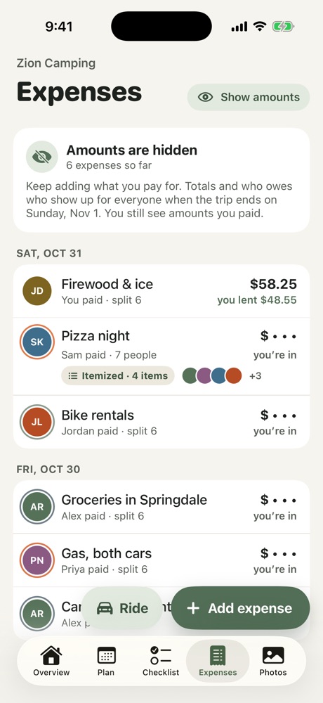 The Expenses tab with amounts hidden: other people's amounts show as dots until the trip ends