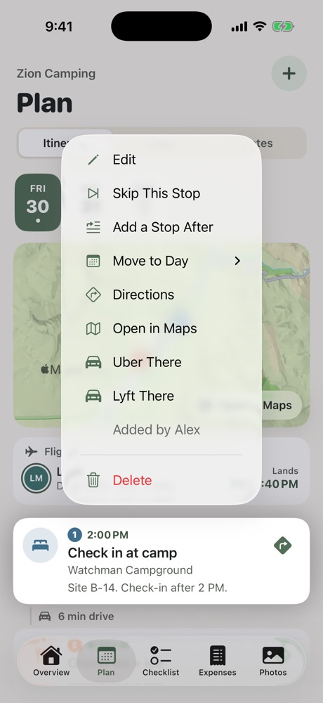 A stop's menu: Edit, Skip This Stop, Add a Stop After, Move to Day, Directions and Uber or Lyft There