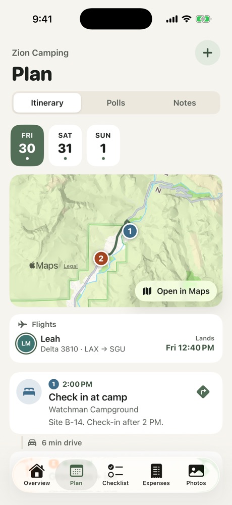A day of the itinerary with the stops on a map and a flight landing