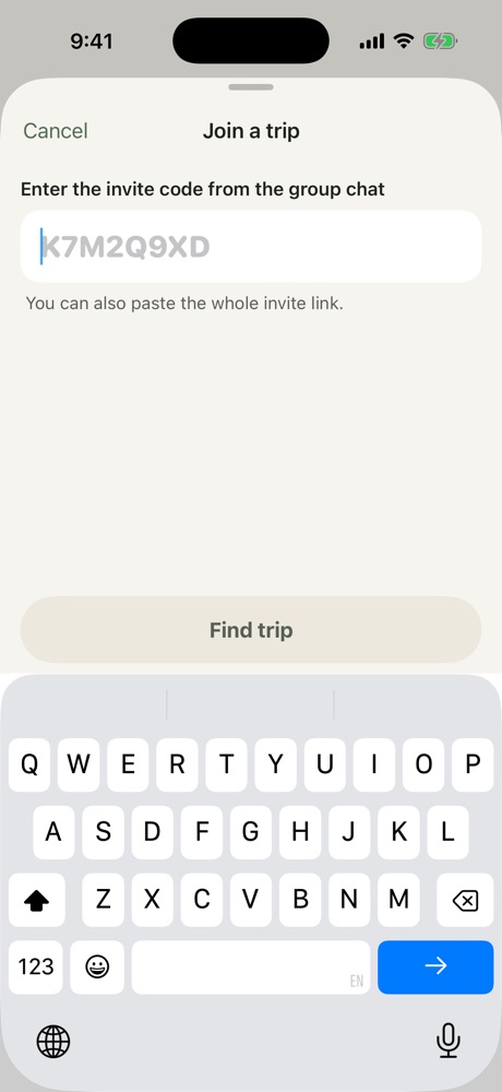 The Join a trip screen with a box for the invite code