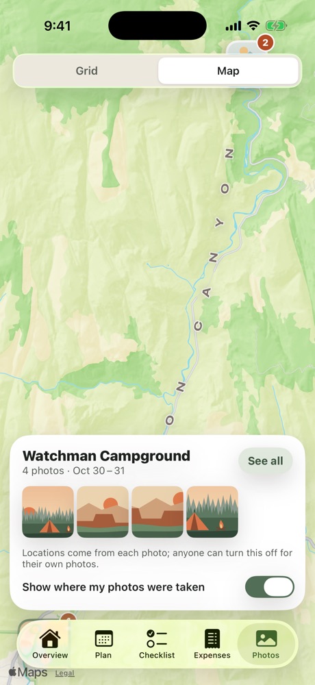 The photo map (Pro) showing 4 photos taken at Watchman Campground