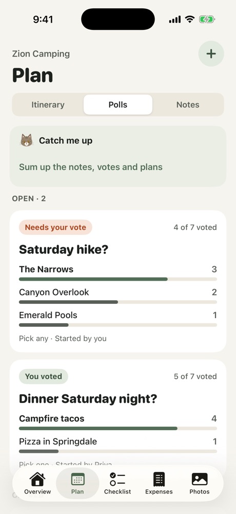 The Polls tab with the Catch me up card at the top